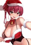  1girl bow bowtie bra breasts choker christmas corset fang hat heterochromia highres hololive houshou_marine large_breasts lingerie looking_at_viewer open_mouth oritonagi red_bra red_eyes red_hair santa_hat simple_background solo twintails underwear upper_body virtual_youtuber white_background yellow_eyes 