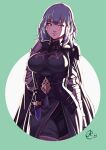  1girl alternate_costume benoit_picard black_shorts blue_eyes blue_hair breasts byleth_(fire_emblem) byleth_(fire_emblem)_(female) byleth_(fire_emblem)_(male) byleth_(fire_emblem)_(male)_(cosplay) cosplay cowboy_shot dagger fire_emblem fire_emblem:_three_houses framed_breasts highres knife large_breasts looking_at_viewer shorts smile solo underbust weapon 