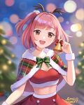  1girl bell blush breasts brown_eyes christmas cleavage fake_antlers highres lilia_creative looking_at_viewer medium_breasts medium_hair midriff navel night open_mouth original pink_hair signature smile solo standing 