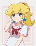  1girl alternate_costume blonde_hair blue_eyes border chocomiru closed_mouth commentary earrings english_commentary eyebrows_visible_through_hair hand_up happy jewelry long_hair looking_at_viewer mario_(series) neckerchief outside_border pink_sailor_collar polka_dot polka_dot_background ponytail princess_peach red_neckerchief redrawn sailor_collar school_uniform serafuku shirt short_sleeves smile solo upper_body white_border white_shirt 