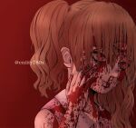  1girl blood blood_on_clothes blood_on_face brown_hair charlotte_pudding drill_hair extra_eyes one_piece red_background red_eyes solo third_eye tsan_(entity780x) twitter_username 
