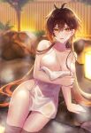  1girl areola_slip areolae bangs blurry blurry_background blush breasts brown_hair commentary_request covering covering_breasts eyebrows_visible_through_hair eyeliner genderswap genderswap_(mtf) genshin_impact gradient_hair hair_between_eyes highres large_breasts long_hair looking_at_viewer makeup multicolored_hair naked_towel nude onsen open_mouth orange_hair ritsu_(re710pngn) smile solo steam towel water wet wet_hair yellow_eyes zhongli_(genshin_impact) 
