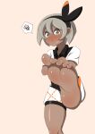  1girl bangs barefoot bea_(pokemon) black_hairband blush body_blush bow_hairband closed_mouth collared_shirt commentary_request feet foot_focus grey_eyes grey_hair hair_between_eyes hairband highres kicking pen_(pencil3693) pokemon pokemon_(game) pokemon_swsh print_shorts shirt short_hair short_sleeves shorts soles solo spoken_squiggle squiggle sweatdrop toes 