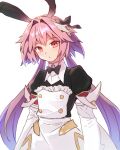  1boy astolfo_(fate) astolfo_(saber)_(fate) blush bow bowtie crossdressing fate/grand_order fate_(series) hair_bow hair_intakes hair_ribbon long_hair looking_at_viewer low_twintails male_focus multicolored_hair otoko_no_ko pink_hair purple_eyes ribbon skirt solo streaked_hair twintails white_hair 