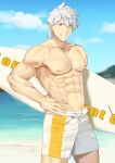  1boy bangs bara beach blue_eyes fate/grand_order fate_(series) highres holding large_pectorals looking_at_viewer male_focus male_swimwear mature_male mayking0717k muscular muscular_male open_mouth pectorals percival_(fate) short_hair smile solo surfboard topless topless_male white_hair 