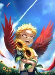  blonde_hair blue_sky boku_no_hero_academia bupopopopopo check_translation child cloud feathered_wings field fisheye flower flower_field happy hawks_(boku_no_hero_academia) highres holding holding_flower light_rays open_mouth red_feathers sky smile sunbeam sunflower sunlight teeth translation_request wings yellow_eyes 