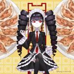  1girl bangs black_hair black_nails bonnet celestia_ludenberg claw_ring danganronpa:_trigger_happy_havoc danganronpa_(series) drill_hair earrings frills gothic_lolita jacket jewelry lolita_fashion long_hair long_sleeves nail_polish necktie red_eyes red_necktie sara_(kurome1127) solo thighhighs twin_drills twintails 