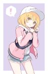  1girl ? bangs baseball_cap blonde_hair blush border chieru_(princess_connect!) chieru_(real)_(princess_connect!) clenched_hands closed_mouth commentary_request cowboy_shot denim denim_shorts fanny_pack frown hand_in_hair hands_up hat head_tilt highres hood hoodie jacket looking_at_viewer onigiri_noe outside_border pink_jacket princess_connect! short_hair short_shorts shorts solo spoken_question_mark star_(symbol) star_in_eye sweatdrop symbol_in_eye torn_clothes torn_shorts white_border white_headwear white_hoodie yellow_eyes 