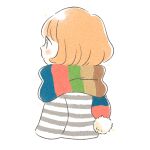  1girl :| bangs blunt_bangs blush_stickers bob_cut closed_mouth cropped_torso enpera expressionless eyes_visible_through_hair from_side highres horizontal_stripes itunohika long_sleeves looking_away multicolored_clothes multicolored_scarf orange_hair original pale_color pom_pom_(clothes) profile scarf shirt short_hair simple_background solo sparkle striped striped_scarf striped_shirt tareme upper_body white_background 