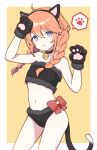  1girl ahoge animal_ears animal_hands bandeau bangs bare_arms bare_shoulders bell black_panties border bow braid cat_ears cat_paws cat_tail collar commentary_request cowboy_shot dot_nose fake_animal_ears fake_tail flat_chest hairband highres long_hair looking_at_viewer midriff navel neck_bell onigiri_noe orange_hair outside_border panties parted_lips princess_connect! purple_eyes red_bow solo spoken_paw tail twin_braids underwear white_border yuni_(princess_connect!) 
