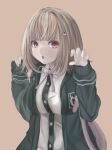  1girl :o animal_bag asuka_anemone backpack bag bangs black_jacket black_shirt breasts brown_background brown_hair cat_bag collared_shirt danganronpa_(series) danganronpa_2:_goodbye_despair dress_shirt flipped_hair galaga hair_ornament hood jacket large_breasts long_sleeves medium_hair nanami_chiaki neck_ribbon pink_eyes pink_ribbon ribbon shirt simple_background sleeves_past_wrists solo white_shirt 