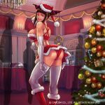  1girl artist_request ass bangs black_hair boots breasts capcom christmas christmas_tree drill_hair elbow_gloves evil_grin evil_smile fur_trim gloves grin han_juri hat large_breasts long_legs looking_at_viewer merry_christmas party santa_boots santa_costume santa_gloves santa_hat short_hair sideboob skirt smile solo street_fighter street_fighter_battle_combination street_fighter_iv_(series) street_fighter_v thighhighs twin_drills white_legwear 