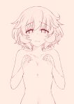  1girl absurdres akiyama_yukari blush breast_squeeze breasts brown_theme eyebrows_visible_through_hair frown girls_und_panzer half-closed_eyes hazuki_haru highres lineart looking_at_viewer messy_hair monochrome navel nipples parted_lips short_hair small_breasts solo standing upper_body 