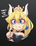  1girl artist_name bare_shoulders black_dress blonde_hair blue_eyes bowsette chibi choker collarbone dress earrings eyebrows_visible_through_hair horns jewelry long_hair looking_at_viewer mario_(series) new_super_mario_bros._u_deluxe off-shoulder_dress off_shoulder parted_lips pointy_ears ponytail shaded_face solo super_crown sweatdrop teeth teranen upper_body wrist_cuffs 