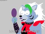  2021 4:3 4_fingers anthro arm_warmers armor armwear black_nose bracelet canid canine canis claws clothed clothing collar digital_media_(artwork) ear_piercing facial_markings female fingers five_nights_at_freddy&#039;s five_nights_at_freddy&#039;s:_security_breach fur green_hair grey_body grey_fur hair hand_mirror head_markings holding_mirror holding_object jewelry lineless looking_at_mirror looking_at_object looking_at_self mammal markings meme mirror pauldron piercing roxanne_wolf_(fnaf) scottgames simple_background smile solo spiked_bracelet spiked_collar spikes teeth the_simpsons thelonewolf_999 video_games white_hair wolf 