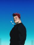  1boy beard black_sweater boku_no_hero_academia casual endeavor_(boku_no_hero_academia) expressionless facial_hair large_pectorals looking_at_viewer male_focus mature_male muscular muscular_male official_alternate_costume pectorals short_hair sideburns sky solo spiked_hair stubble sweater u2suke 