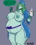  absurd_res anthro awful_lad belly big_belly big_breasts bovid bovine breasts cattle christmas chubby_female clothed clothing female hi_res holding_mug holidays huge_breasts mammal minty_(awful_lad) mug open_clothing open_robe overweight overweight_female pregnant robe solo thick_thighs 