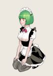  1girl alternate_costume apron bangs blunt_bangs bob_cut bow bowtie collared_shirt frills from_side green_hair grey_legwear hands_on_own_knees highres kneeling looking_ahead maid maid_apron maid_headdress original peco_(pockleberry) pink_eyes shirt short_hair smile solo thighhighs 