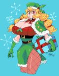  1girl blonde_hair breasts christmas dreamkazoo fishnets gift large_breasts original pantyhose solo source_request thick_thighs thighs 