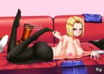  1girl android_18 ass bare_arms bare_shoulders black_legwear blonde_hair breasts collarbone commentary commission couch deviantart_username dragon_ball dragon_ball_super dragon_ball_z english_commentary facebook_username from_side full_body green_eyes jadenkaiba large_breasts looking_at_viewer lying nipples on_couch on_stomach panties pantyhose parted_lips pixiv_username short_hair smile solo topless underwear undressing watermark web_address 