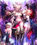  3girls armored_boots backless_outfit bangs black_wings blonde_hair blue_eyes boots breasts cleavage closed_mouth dress feathered_wings hair_between_eyes head_tilt irua large_breasts long_hair looking_at_viewer midriff miniskirt multiple_girls navel red_eyes red_skirt shingeki_no_bahamut short_dress short_hair shoulder_blades sitting skirt sleeveless sleeveless_dress small_breasts smile stomach very_long_hair wings yellow_eyes 