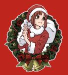  1girl absurdres bangs bell brown_eyes brown_hair christmas closed_mouth coat commentary flower fur-trimmed_coat fur_trim girls_und_panzer hat highres holding holding_sack holly long_sleeves looking_to_the_side nishizumi_miho over_shoulder red_background red_coat red_flower red_headwear red_rose rose sack santa_costume santa_hat short_hair skrmtl smile solo star_(symbol) upper_body wreath 