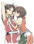  1boy 1girl brown_hair circlet closed_eyes closed_mouth gensou_suikoden gensou_suikoden_ii hairband highres imigimuru nanami_(suikoden) open_mouth pants riou_(gensou_suikoden) shirt short_hair simple_background smile white_background 