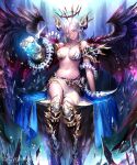  1girl armor armored_boots bikini_armor black_feathers blue_eyes boots breasts cleavage closed_mouth full_body gauntlets hair_between_eyes irua large_breasts long_hair looking_at_viewer miniskirt navel shingeki_no_bahamut silver_hair sitting skirt smile solo waist_cape white_skirt 