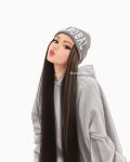  1girl blackpink blue_eyes brown_hair hat highres hood hoodie lips lisa_(blackpink) long_hair looking_at_viewer solo umigraphics upper_body white_background 