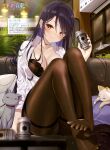 1girl absurdres alcohol ass bangs beer black_hair black_skirt blue_hair blurry blurry_background blush bra breasts brown_bra brown_legwear cat cleavage collarbone couch dengeki_moeou drunk ear_piercing eyebrows_visible_through_hair feet hair_between_eyes highres holding lace-trimmed_bra lace_trim large_breasts legs_together long_hair looking_at_viewer miniskirt multicolored_hair office_lady on_couch open_clothes open_shirt orange_eyes original pantyhose parted_bangs parted_lips piercing plant scan shirt sitting skirt smile solo thighband_pantyhose thighs underwear white_shirt yano_mitsuki 