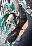  1girl absurdres aqua_eyes aqua_hair bangs bdsm blush bondage bound breasts breasts_outside cyoppu glaring green_hair grin hairband high_ponytail highres long_hair pantyhose pneuma_(xenoblade) restrained scowl sidelocks smile solo thighhighs torn_clothes torn_legwear very_long_hair xenoblade_chronicles_(series) xenoblade_chronicles_2 