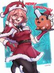  +_+ 1girl absurdres belt black_footwear blue_background bow bowtie breasts chainsaw chainsaw_man christmas demon_girl demon_horns gantai-_(gxntai) gloves hair_between_eyes hat highres holding hood horns long_hair looking_at_viewer medium_breasts merry_christmas open_mouth pantyhose pink_hair plate pochita_(chainsaw_man) power_(chainsaw_man) red_eyes red_horns red_skirt santa_costume santa_hat sharp_teeth skirt smile snow solo standing standing_on_one_leg teeth thighhighs 