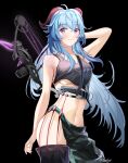  1girl absurdres ahoge alternate_costume bangs bare_arms bare_shoulders black_background blue_hair blush bow_(weapon) breasts closed_mouth cowboy_shot derlyt eyebrows_visible_through_hair ganyu_(genshin_impact) genshin_impact highres horns long_hair looking_at_viewer medium_breasts midriff navel purple_eyes simple_background sleeveless smile solo underboob weapon 