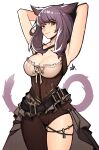  1girl absurdres animal_ears arms_up asymmetrical_clothes avatar_(ffxiv) bangs black_hair breasts cat_ears cat_tail cleavage distr eyebrows_visible_through_hair facial_mark final_fantasy final_fantasy_xiv green_eyes highres long_hair looking_at_viewer medium_breasts miqo&#039;te scoop_neck single_pantsleg sleeveless solo tail whisker_markings white_background 