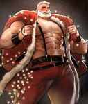  1boy abs arm_hair bara bare_pectorals beard belt blush brown_belt bulge chest_hair christmas facial_hair feet_out_of_frame fur-trimmed_jacket fur_trim highres jacket jang_ju_hyeon large_pectorals looking_at_viewer male_focus mature_male muscular muscular_male mustache navel navel_hair nipples no_shirt old old_man open_clothes open_jacket original pants pectorals red_jacket red_pants santa_claus santa_costume short_hair sideburns solo standing stomach thick_eyebrows thick_thighs thighs undercut 