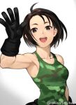  1girl ahoge akisa_(12023648) arm_up armpits artist_name biker_clothes black_hair breasts brown_eyes brown_hair camouflage camouflage_tank_top gloves highres justice_gakuen kazama_akira looking_at_viewer medium_breasts open_mouth short_hair simple_background smile solo street_fighter street_fighter_v tank_top twitter_username upper_body waving 