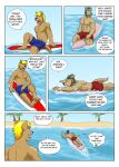  abs anthro athletic athletic_anthro athletic_male beach black_hair blonde_hair blue_bottomwear blue_clothing blue_shorts bottomwear brown_body brown_fur canid canine canis clothed clothing comic dialogue domestic_dog duo english_text fur guss_(vju79) hair hat headgear headwear hi_res male mammal palm_tree pecs plant red_bottomwear red_clothing red_shorts roj_(vju79) sand sea seaside shorts surfboard surfing swimming text topless topless_male tree upset visor_cap vju79 water wolf 