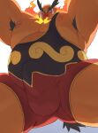  2021 anthro armpit_hair balls_outline belly bodily_fluids body_hair bulge emboar genital_outline hi_res male moobs nintendo nipples o-ro orange_body overweight overweight_male penis_outline pok&eacute;mon pok&eacute;mon_(species) simple_background solo sweat video_games 