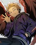  backlighting black_hoodie black_pants blonde_hair boku_no_hero_academia bupopopopopo earrings eyeliner facial_hair feathered_wings hand_in_pocket hawks_(boku_no_hero_academia) highres hood hoodie jacket jewelry looking_at_viewer looking_down makeup male_focus messy_hair pants red_feathers stud_earrings tongue tongue_out track_jacket waving wings yellow_eyes 