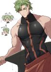  1boy absurdres achilles_(fate) bara bare_shoulders covered_abs fate/apocrypha fate/grand_order fate_(series) green_hair haruakira highres holding large_pectorals male_focus mature_male muscular muscular_male pectorals short_hair smile solo yellow_eyes 
