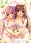  2girls :d absurdres animal_ears backlighting bangs bare_shoulders bouquet bra braid breasts brown_eyes brown_hair cleavage closed_mouth collarbone commentary_request dengeki_moeou double_bun eyebrows_visible_through_hair flower frilled_bra frills hair_between_eyes hair_flower hair_ornament highres holding holding_bouquet medium_breasts multiple_girls original panties pink_hair rabbit_ears red_eyes rose scan see-through side-tie_panties small_breasts smile underwear veil white_bra white_flower white_panties white_rose window yukie_(peach_candy) 