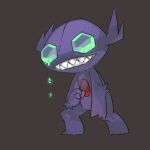  1other brown_background colored_skin commentary_request crying crystal demon full_body green_eyes hand_up lowres oyama_yoihaya pokemon pokemon_(creature) purple_skin sableye sharp_teeth simple_background standing tears teeth 