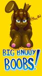  absurd_res anthro black_eyebrows black_eyelashes blue_eyes blue_text bnuuy breasts brown_body brown_breasts brown_fur brown_hair brown_skin candy chocolate dessert elawaxd eyebrows female food food_creature fur glistening glistening_body glistening_breasts glistening_fur glistening_hair hair hi_res lagomorph leporid mammal nipples notched_ear pink_nipples pink_nose rabbit simple_background text triangle_nose yellow_background 