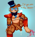  animatronic anthro balls bedroom_eyes big_balls big_muscles big_pecs big_penis blue_background blue_bow_tie blue_eyes blue_fingernails blue_toe_claws blue_top_hat bodily_fluids bow_tie breath brown_balls brown_body brown_fur brown_glans brown_hair brown_penis butt_from_the_front claws clothing colored_fingernails colored_nails cum cum_drip cursive_writing dripping drooling ear_piercing ear_ring english_text erect_nipples erection fangs fingernails five_nights_at_freddy&#039;s five_nights_at_freddy&#039;s:_security_breach fur genital_fluids genitals glamrock_freddy_(fnaf) glans glistening glistening_genitalia glistening_glans glistening_penis hair hat headgear headwear hi_res huff invisible_chair jewelry jflare205 leaking_cum leaking_penis leaking_precum looking_at_viewer machine male mammal mostly_nude mostly_nude_anthro mostly_nude_male muscular muscular_anthro muscular_male muscular_thighs nails narrowed_eyes nipples pecs penis piercing precum precum_on_penis raised_leg red_earring robot saliva scottgames seductive shin_guards shoulder_pads simple_background sitting smile solo spread_legs spreading text thick_penis thick_thighs toe_claws top_hat ursid ursine vein veiny_penis video_games 