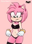  absurd_res accessory amy_rose anthro black_clothing black_legwear black_thigh_highs bra breasts clothed clothing elgato17 eulipotyphlan female fingers gloves green_eyes hair hair_accessory hairband handwear hedgehog hi_res legwear mammal navel panties pink_body pink_hair pink_skin sega simple_background solo sonic_the_hedgehog_(series) thigh_highs underwear video_games 