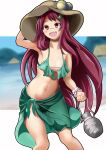  1girl animal_ears bangs beach bikini blue_sky blurry blurry_background bottle breasts brown_eyes brown_hair futatsuiwa_mamizou glasses green_bikini hair_ornament hat highres holding leaf_hair_ornament looking_at_viewer navel nioti open_mouth outdoors raccoon_ears raccoon_girl raccoon_tail sky small_breasts solo straw_hat swimsuit tail touhou water wine_bottle 