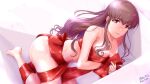  1girl asaitori ass box breasts brown_hair cleavage completely_nude dated eyebrows_visible_through_hair folded_leg hattori_touko idolmaster idolmaster_cinderella_girls in_box in_container looking_at_viewer lying midriff naked_ribbon navel nude on_side red_ribbon ribbon solo wavy_hair 