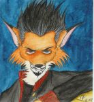  2007 anthro black_hair black_nose canid canine clothing facial_hair fox fredryk_phox fredryk_phox_(character) grey_highlights hair heterochromia highlights_(coloring) jacket looking_at_viewer male mammal painting_(artwork) simple_background solo topwear traditional_media_(artwork) 