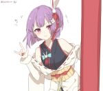  1girl \m/ animal_ears bare_shoulders bow braid chibirisu fake_animal_ears flower hair_bow hair_flower hair_ornament hand_up japanese_clothes nail_polish obi off_shoulder one_side_up purple_eyes purple_hair rabbit_ears red_bow red_nails sash short_hair signature single_braid sleeveless solo tenjin_kotone tenjin_kotone_(channel) twitter_username virtual_youtuber 