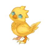  animal_focus bird blue_eyes chick chocobo claws closed_mouth commentary_request final_fantasy from_side full_body looking_at_viewer looking_up lowres no_humans oyama_yoihaya simple_background solo standing white_background yellow_theme 